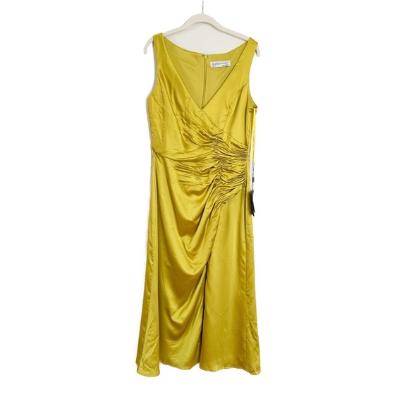 Ieena Mac Duggal Satin Ruched V Neck Faux Wrap Midi Dress Chartreuse Size 8 NWT - Picture 5 of 7